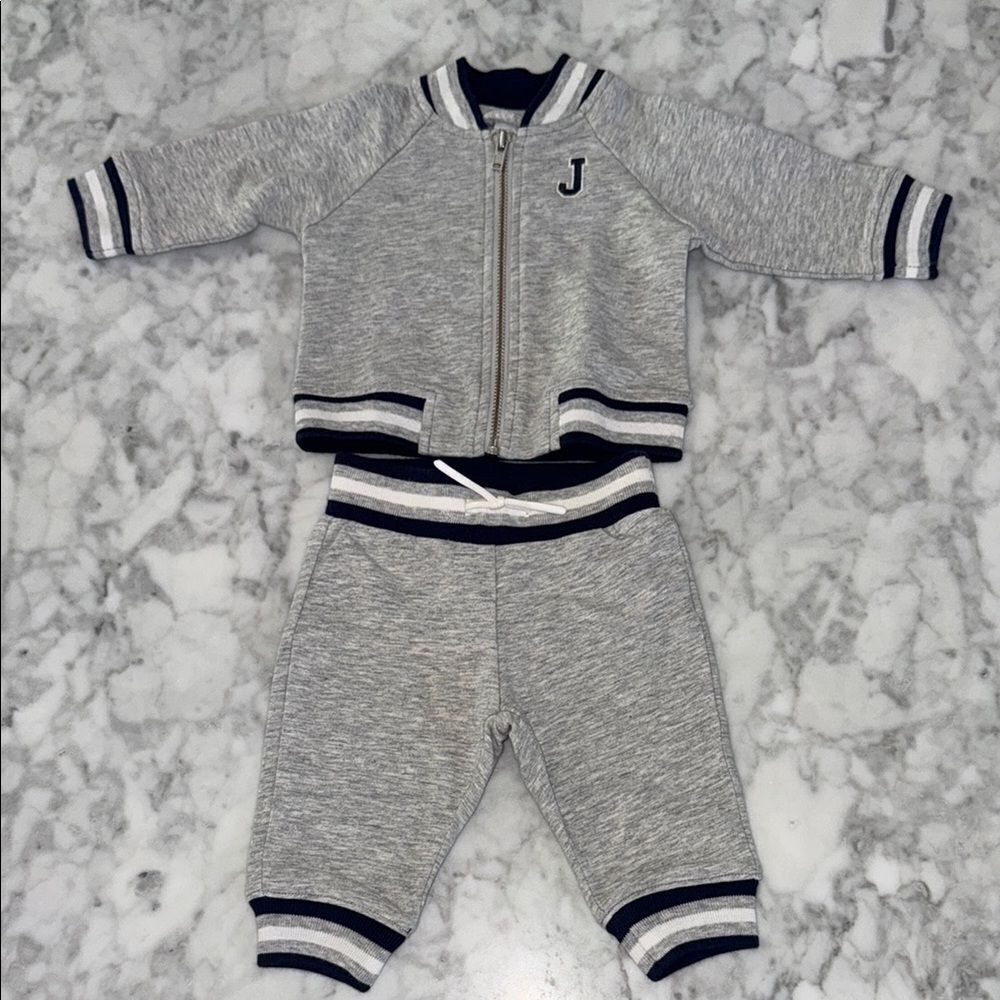 Janie & Jack Gray Baby Tracksuit with Navy Trim 0/3M